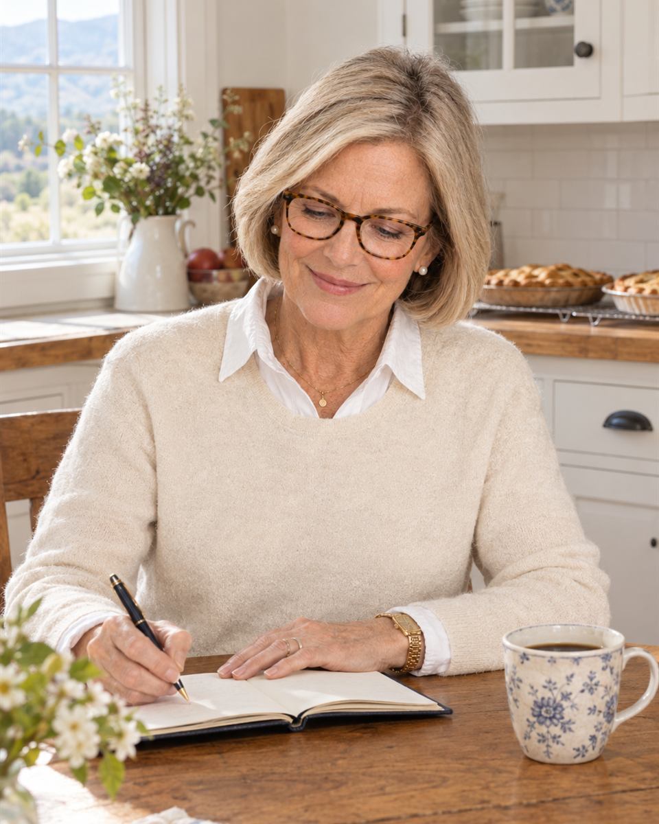 Grandma Clara writing in her notebook at her kitchen table